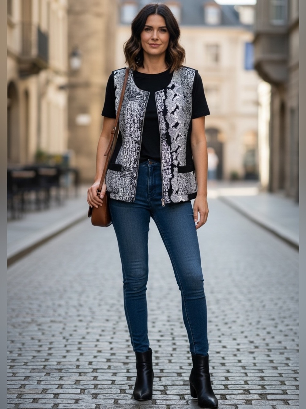 Surya Black/ White Suit Vest with Sequins Zippered Cropped